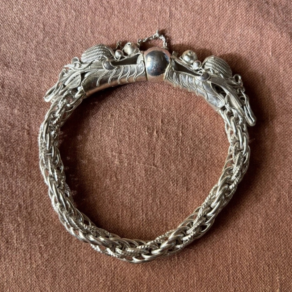 Silver Braided Bracelet with Dragon Design